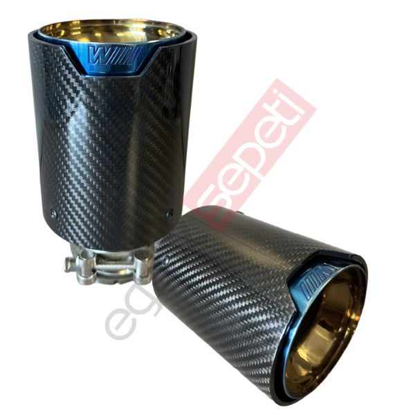 Bmw M Logolu Karbon Egzoz Ucu Sağ Ve Sol Takım Mavi 100 mm Parlak İçi Delikli