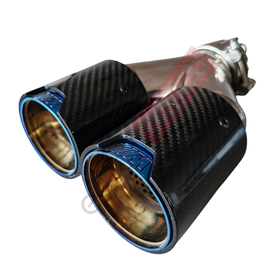 Bmw M Logolu Karbon Egzoz Ucu 76 MM Çiftli Parlak Mavi Sol Gerçek Karbon Malzeme İthal Ürün