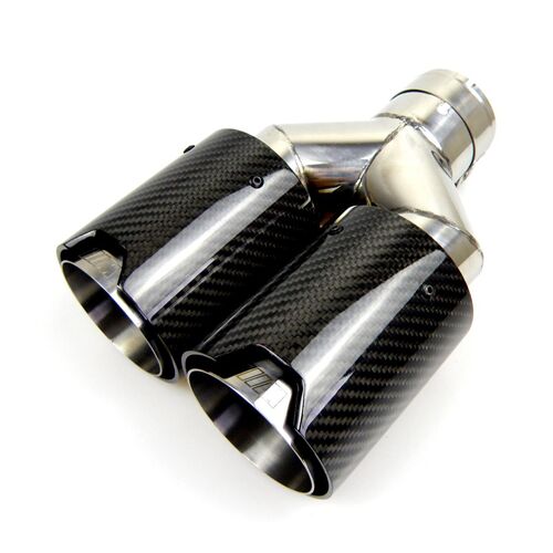 Bmw M Logolu Karbon Egzoz Ucu 76 MM Parlak Çiftli Takım Sag Ve Sol Delikli