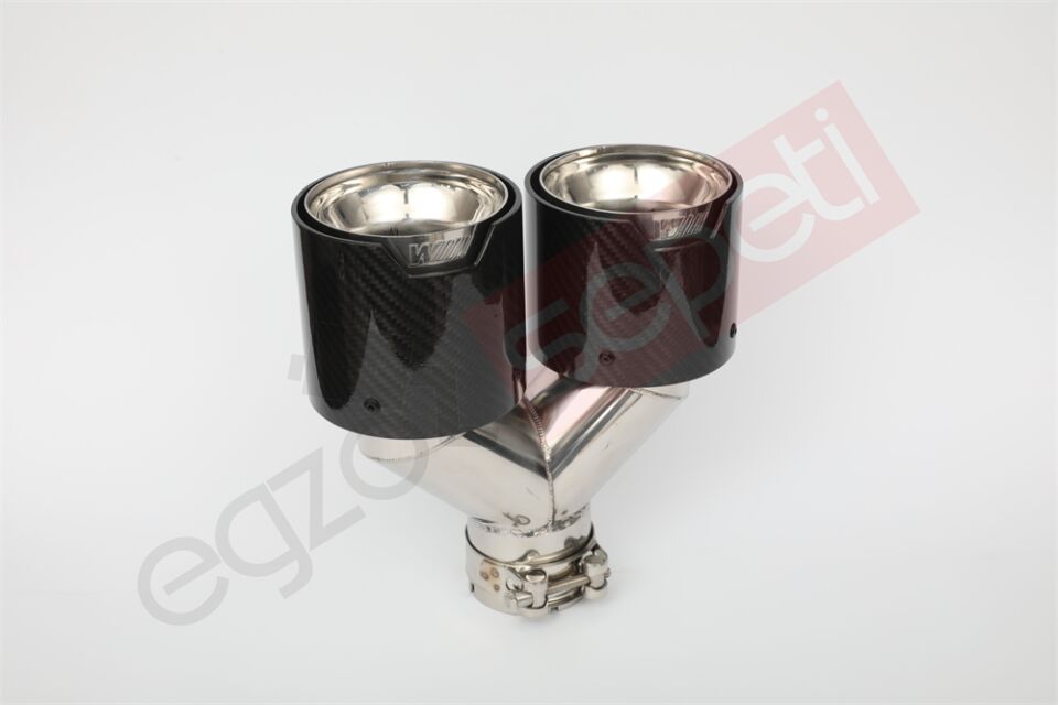 Bmw M Logolu Karbon Egzoz Ucu 100 MM Parlak Çiftli Takım Sag Ve Sol İçi Delikli